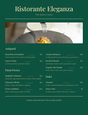 Elegant restaurant menu