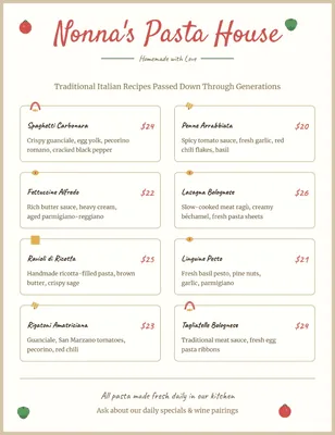 Illustrated pasta menu