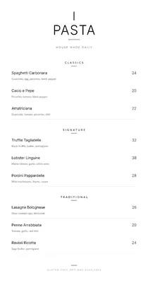 Minimalist pasta menu
