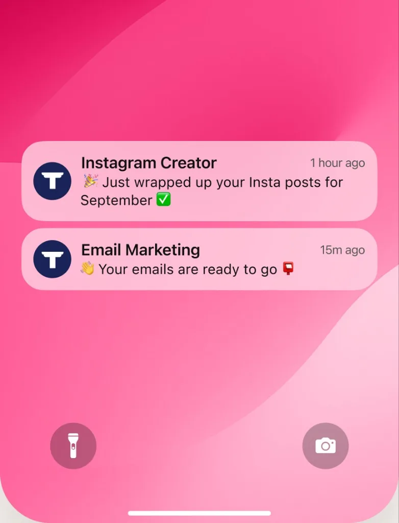 Taka AI notifications on mobile - Instagram Creator and Email Marketing updates